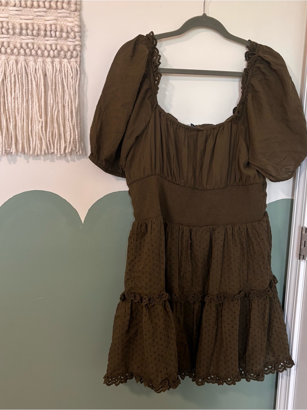 American Eagle Outfitters Olive Puff-Sleeve Tiered Mini Dress - Picture 6 of 6